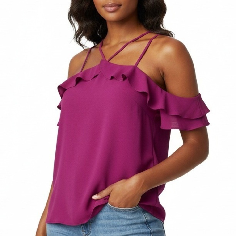 Maurices Women Ruffle‎ Cold Shoulder Cami Blouse Polyester Casual Magenta Size S